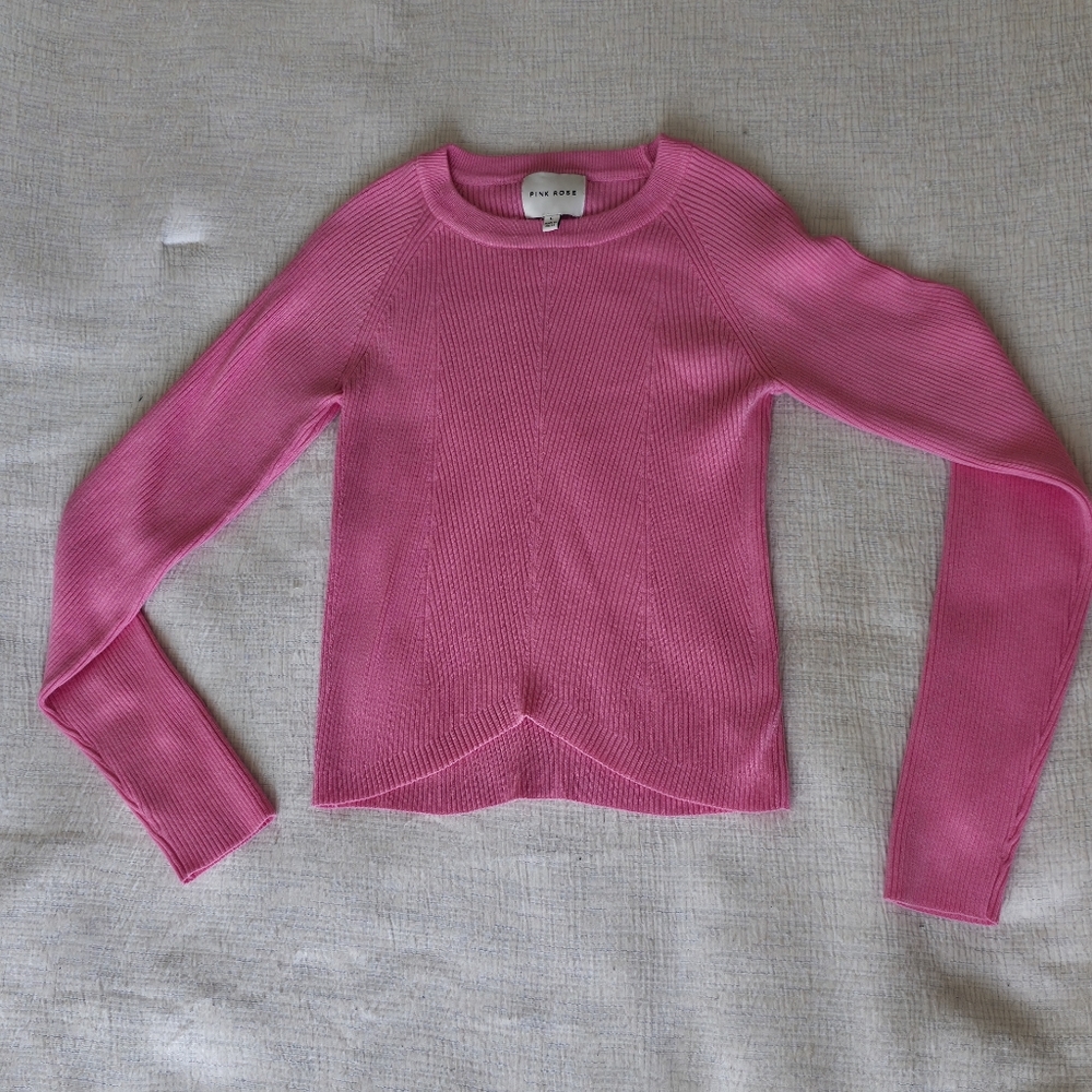Pink Knit Pullover Sweater Preppy Crew Neck Ribbed Balletecore Coquette Chic - Picture 2 of 6